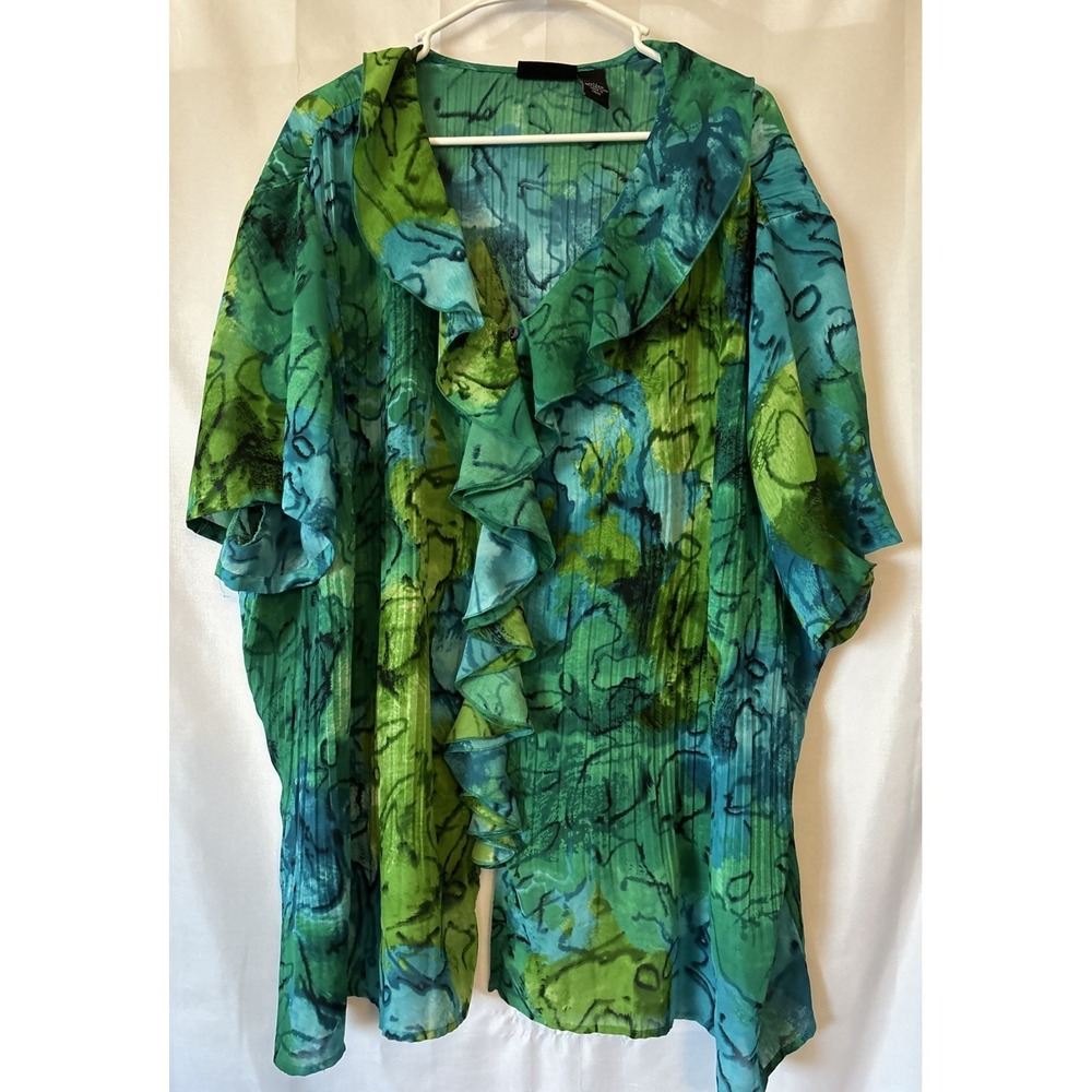 Maggie Barnes 3XL Watercolor Green Blue Cascading Ruffle Sheer Poly Grandmacore